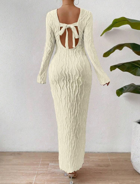 Solid Flare Sleeve Lettuce Hem Bodycon Dress