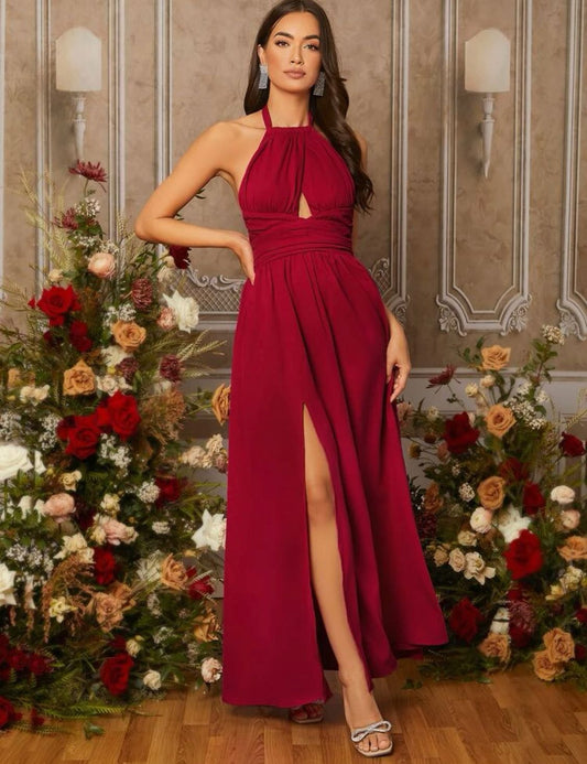 Backless Split Thigh Cut Out Halter Formal Bridesmaid Dress