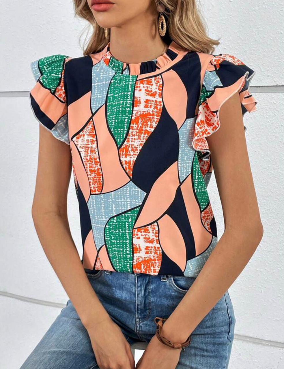 Allover Print Ruffle Trim Blouse