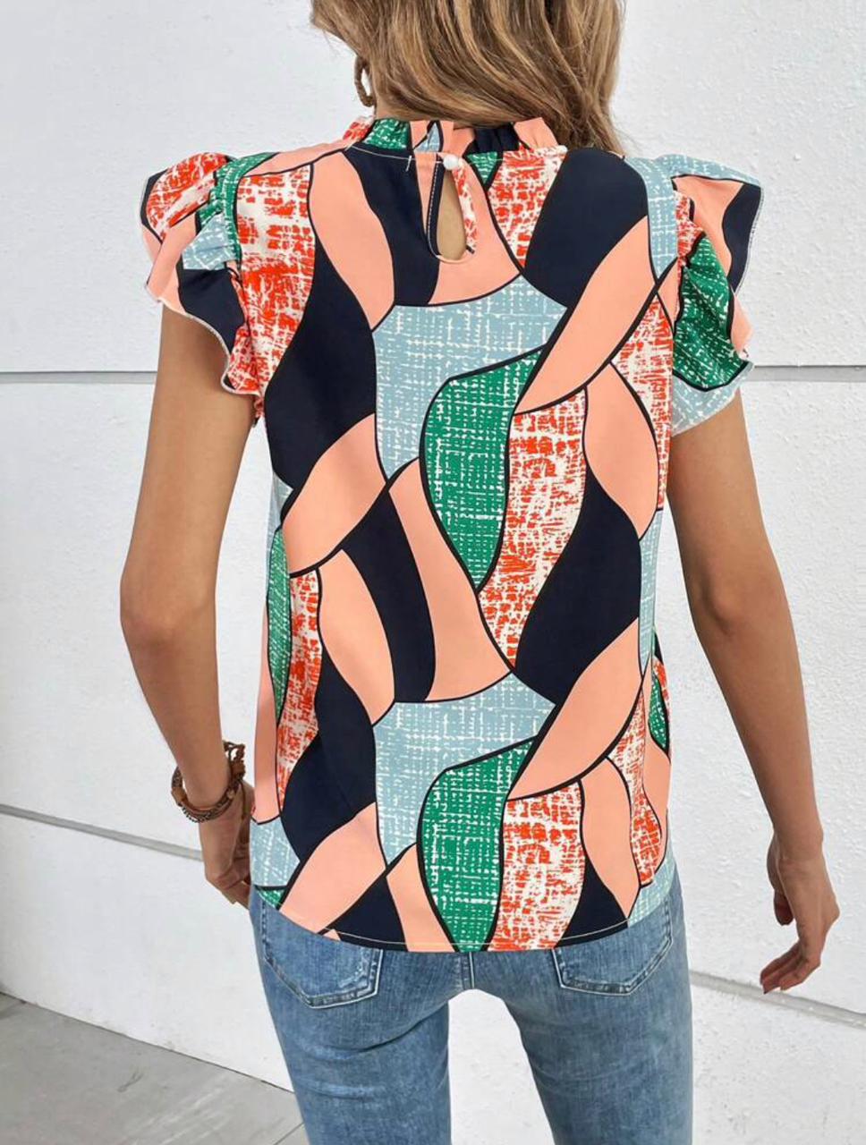 Allover Print Ruffle Trim Blouse