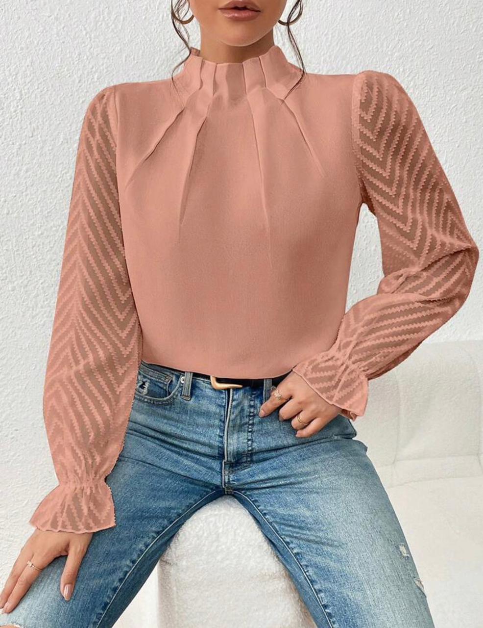 Mock Neck Flare Sleeve Keyhole Back Blouse
