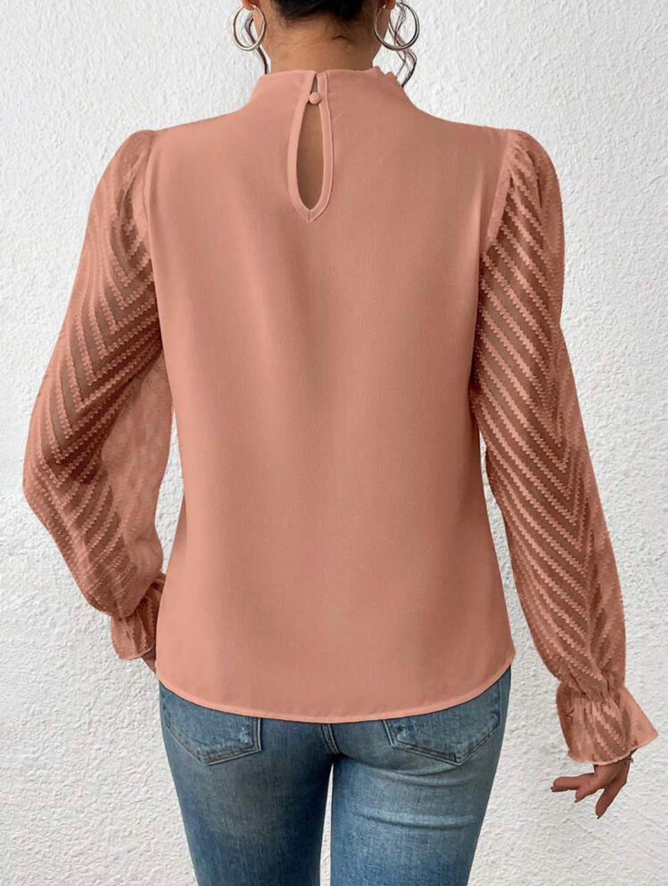 Mock Neck Flare Sleeve Keyhole Back Blouse