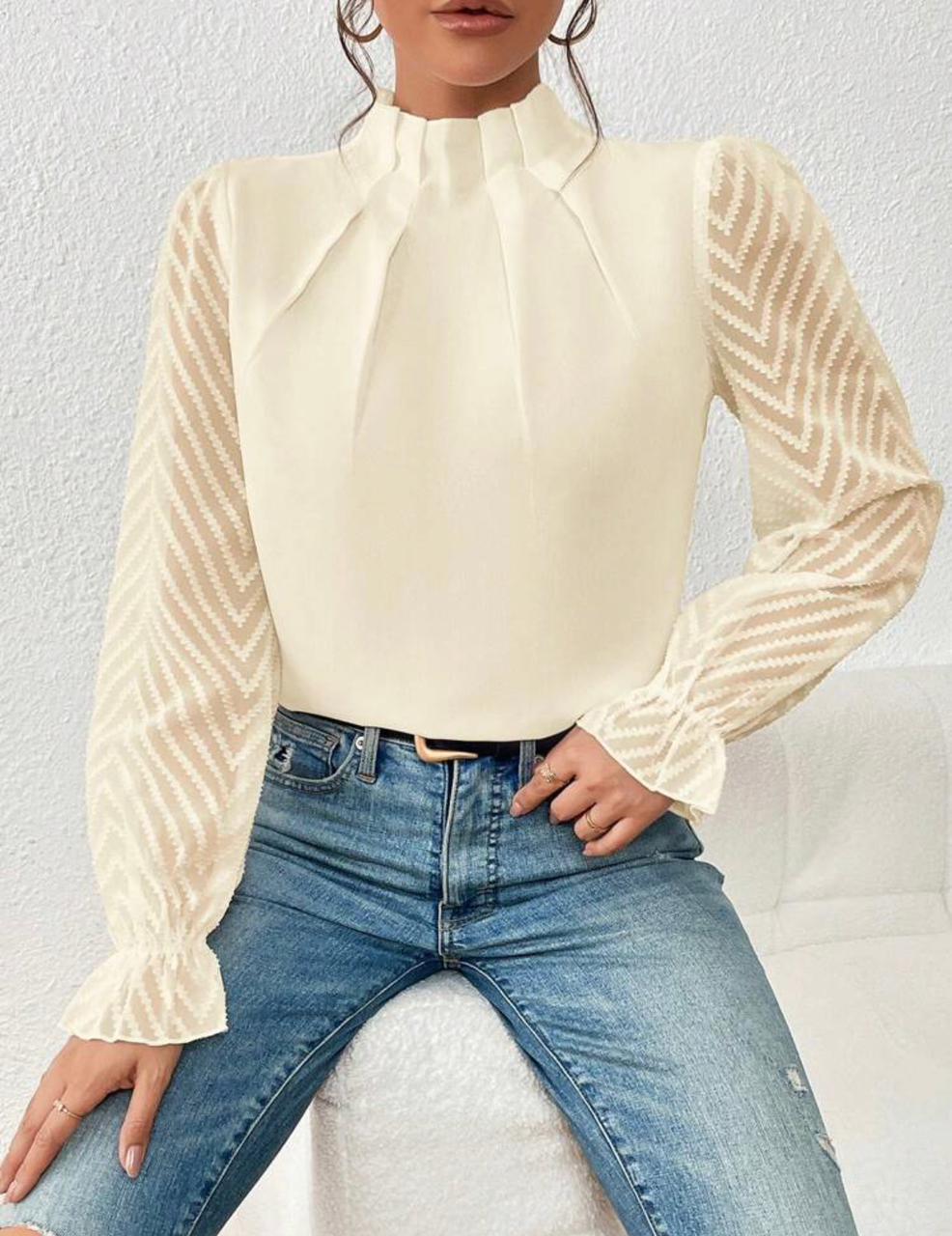 Mock Neck Flounce Sleeve Blouse