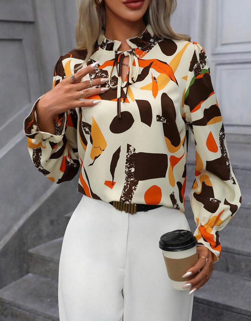 Geo Print Tie Neck Flare Sleeve Blouse