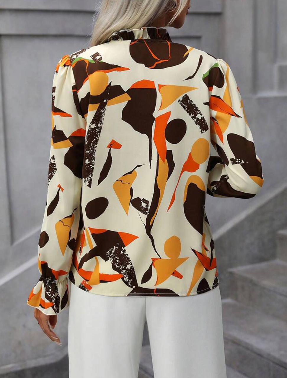 Geo Print Tie Neck Flare Sleeve Blouse