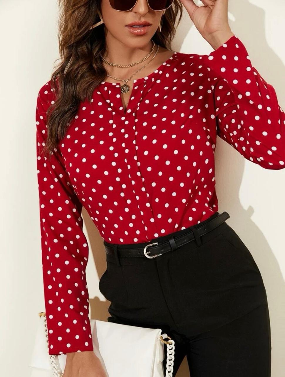 Polka Dot Notched Neck Blouse