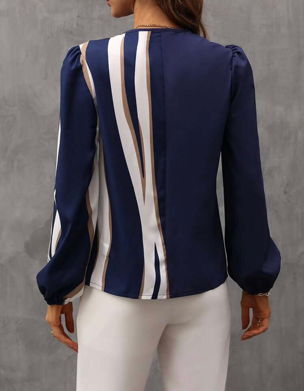 Color Block Puff Sleeve Blouse