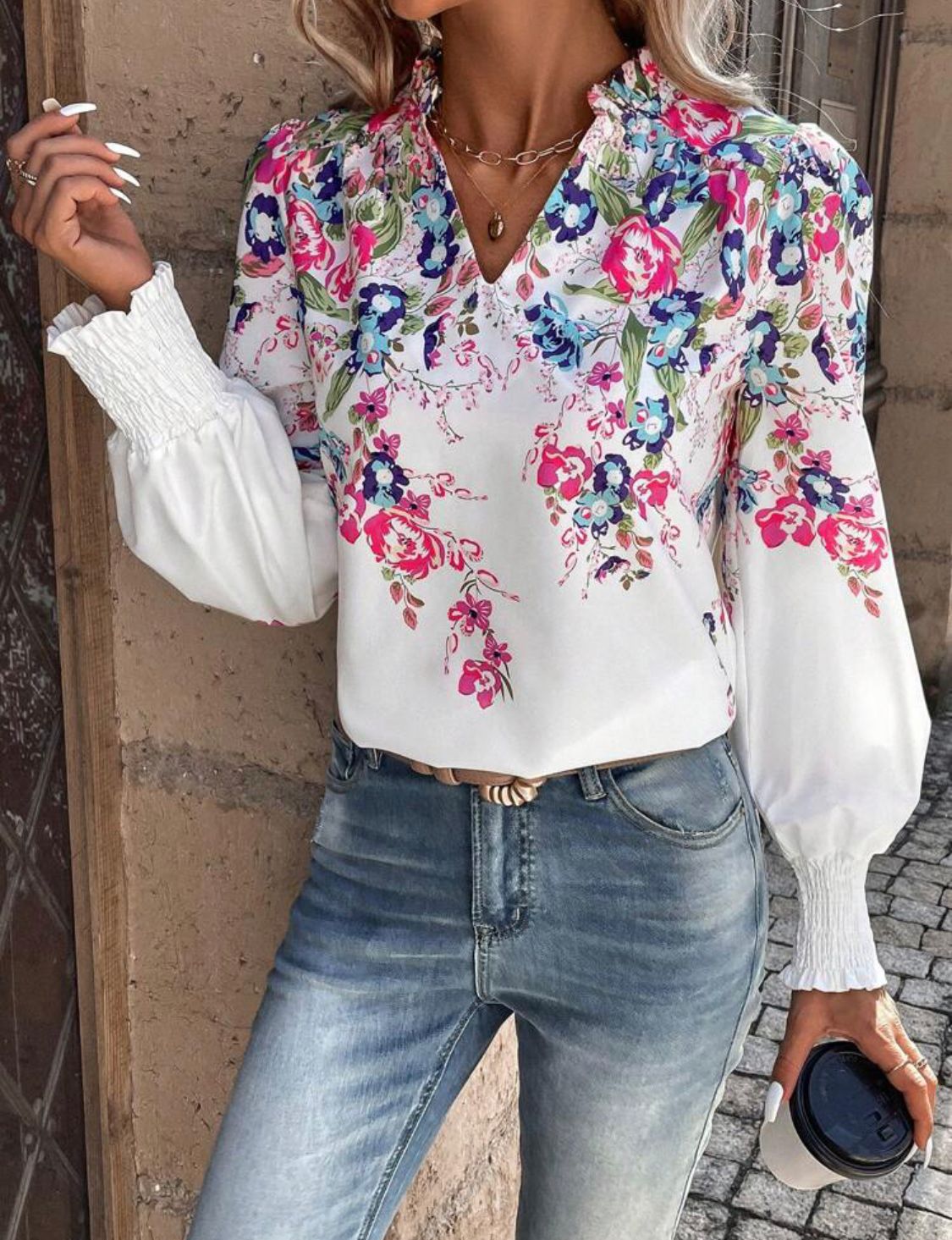Floral Print Notched Neckline Lantern Sleeve Blouse