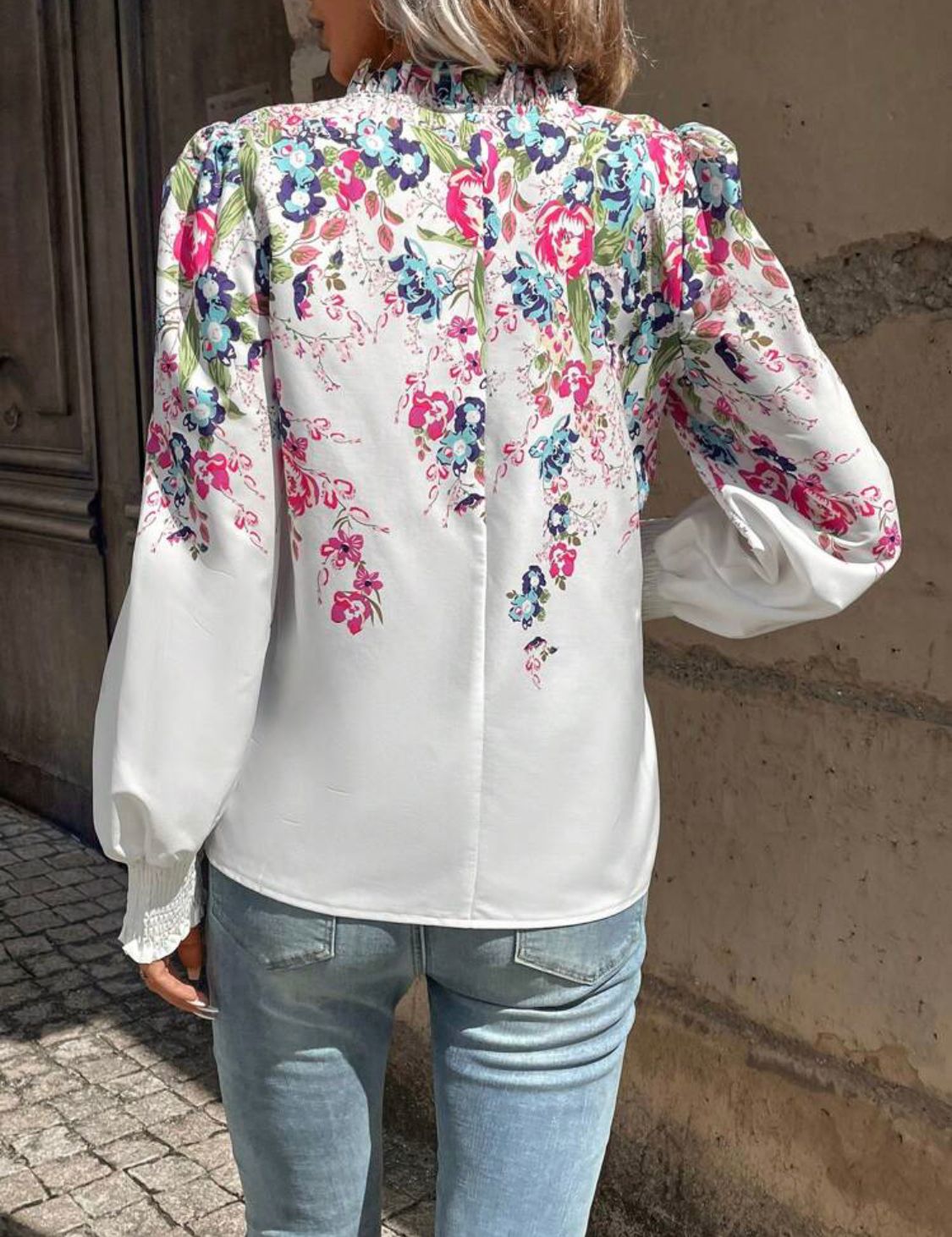 Floral Print Notched Neckline Lantern Sleeve Blouse