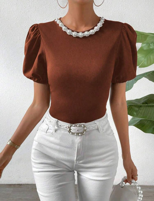 Puff Sleeve Pearls Beaded Detail Tee