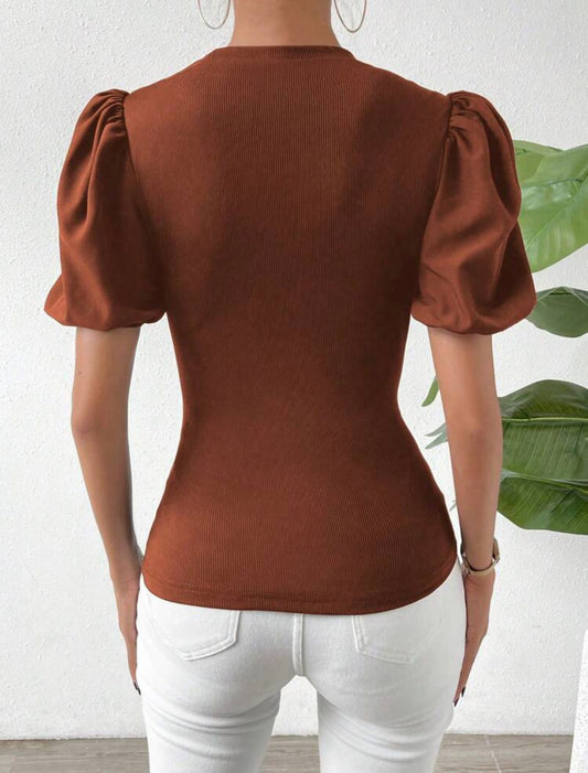 Puff Sleeve Pearls Beaded Detail Tee