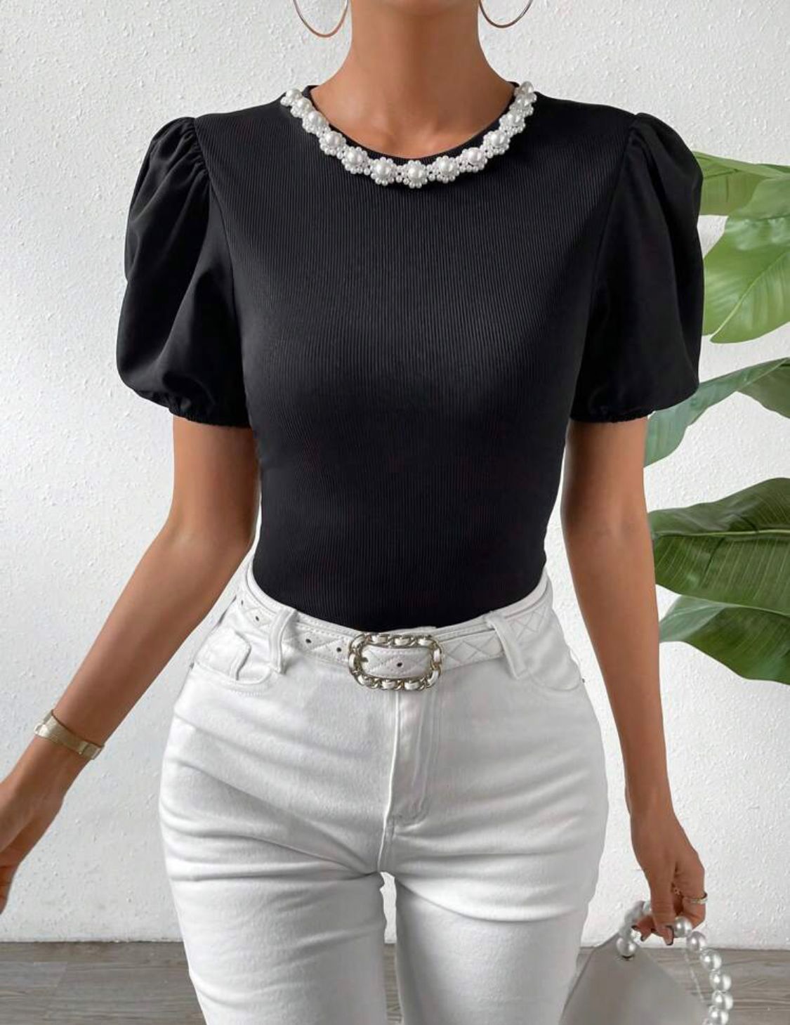 Pearls Beaded Puff Sleeve Tee
