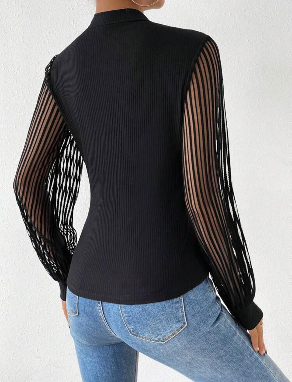 Mesh Cut Out Front Mock Neck Lantern Sleeve Top
