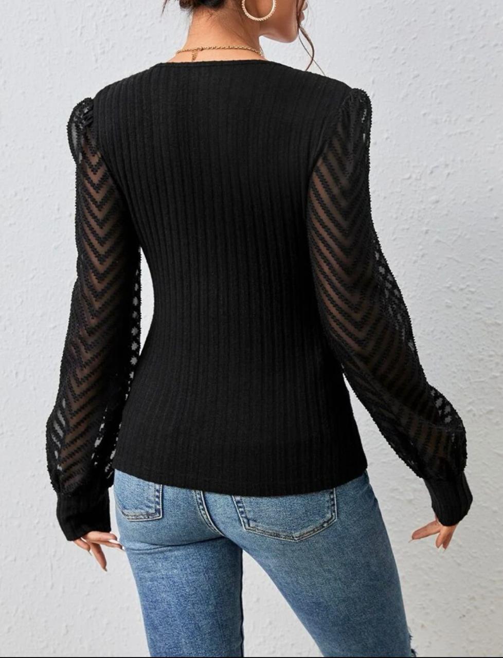 Contrast Mesh Lantern Sleeve Twist Front Tee