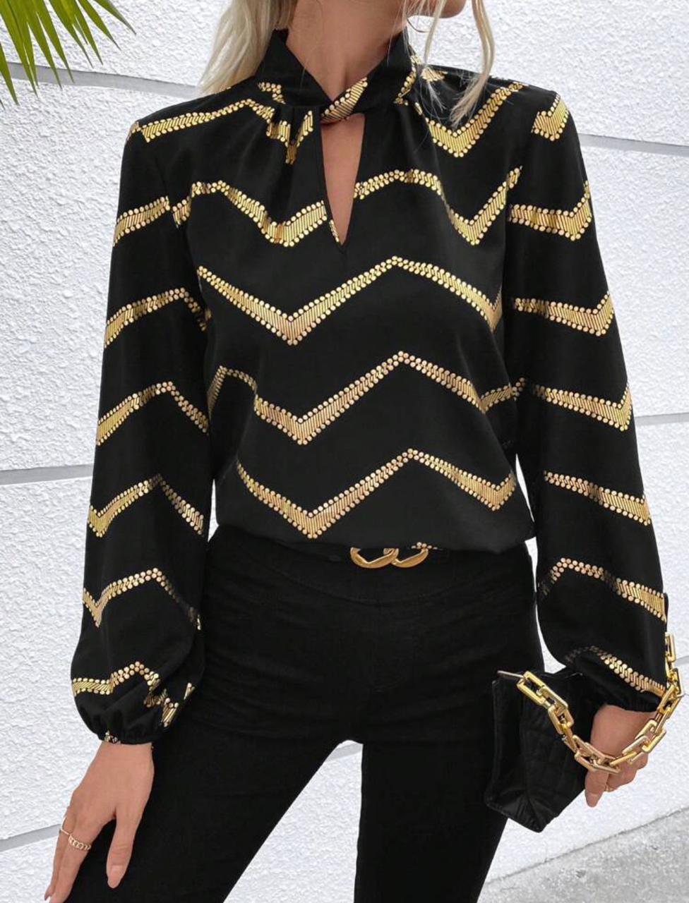 Chevron Print Keyhole Neck Lantern Sleeve Blouse