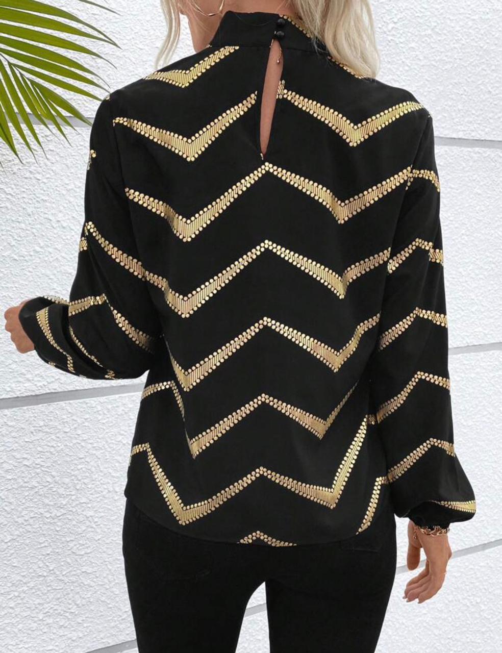 Chevron Print Keyhole Neck Lantern Sleeve Blouse
