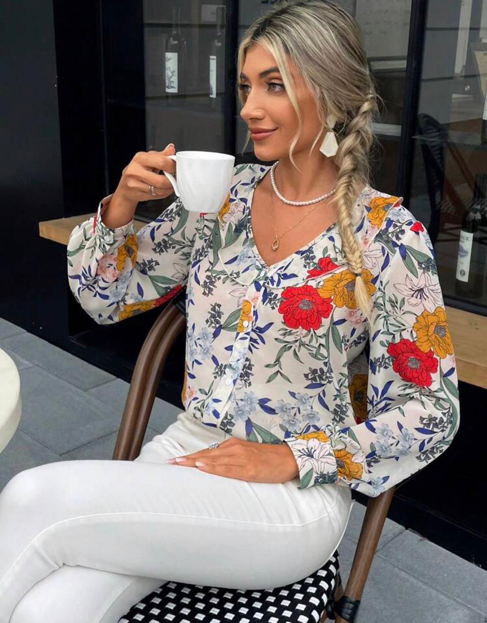 Floral Print Ruffle Trim Button Front Blouse