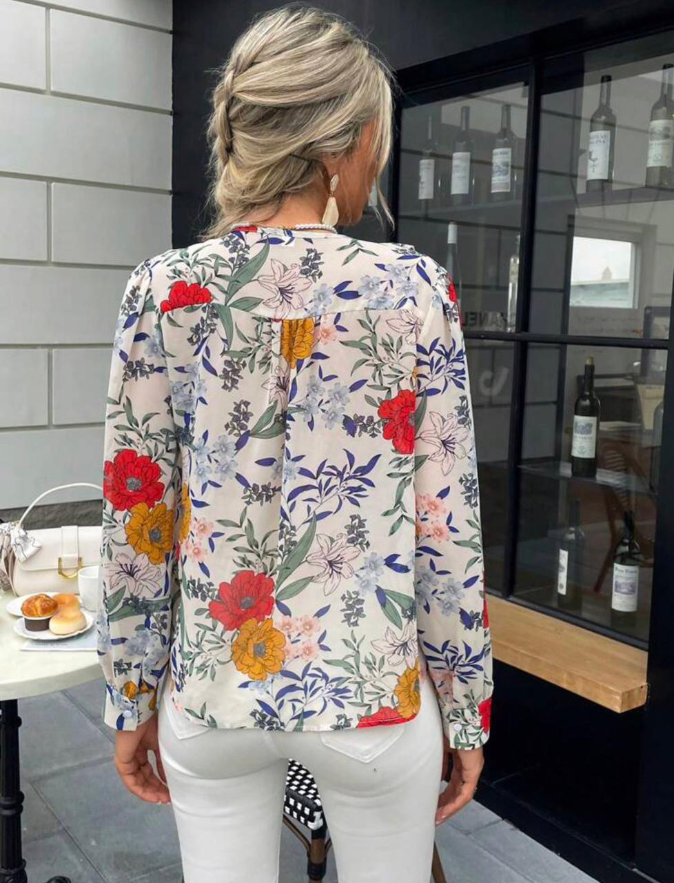 Floral Print Ruffle Trim Button Front Blouse