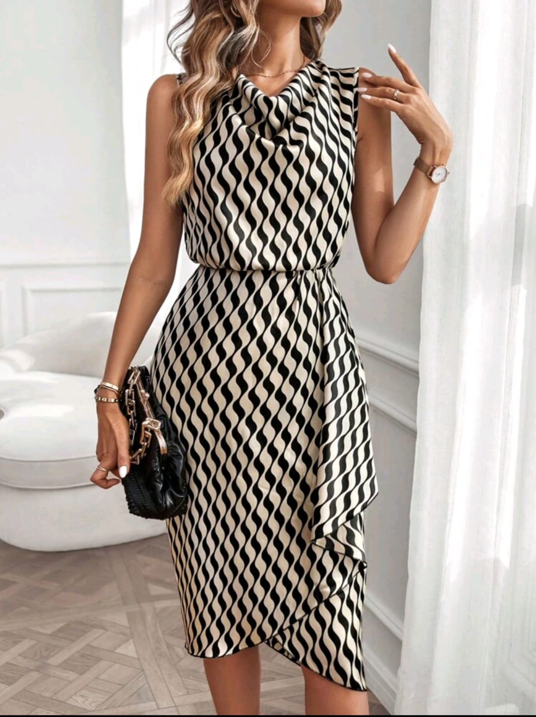 Allover Print Draped Front Dress (Navy Blue)