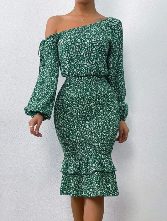 Floral Sleeve Layered Hem Dress