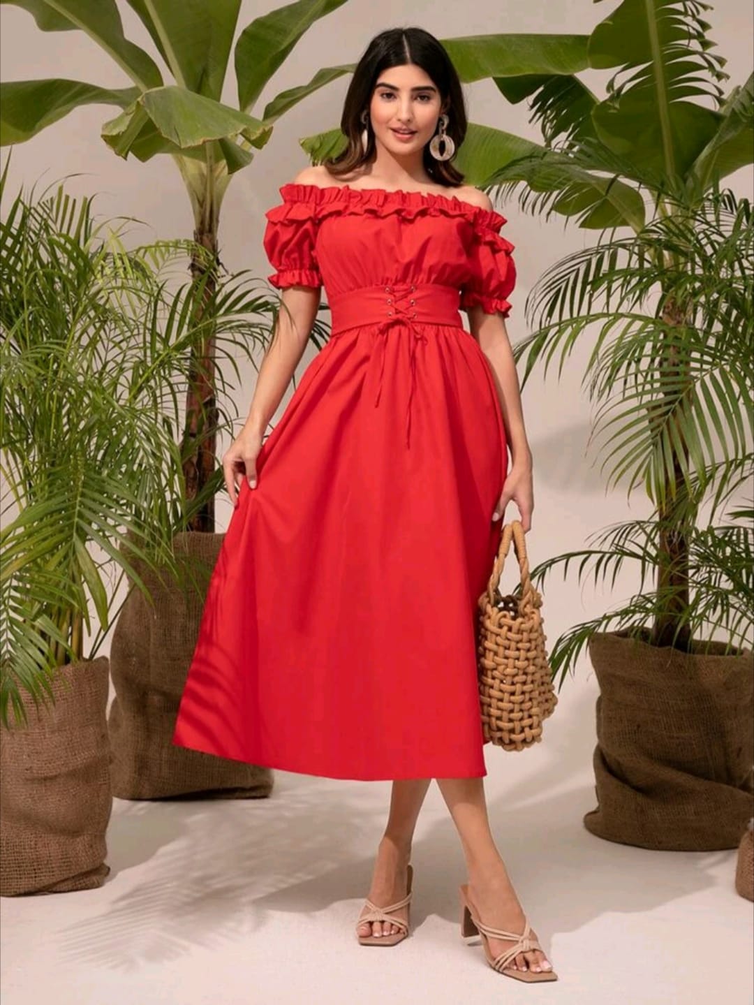 Off Shoulder Frill Lace Up Dress