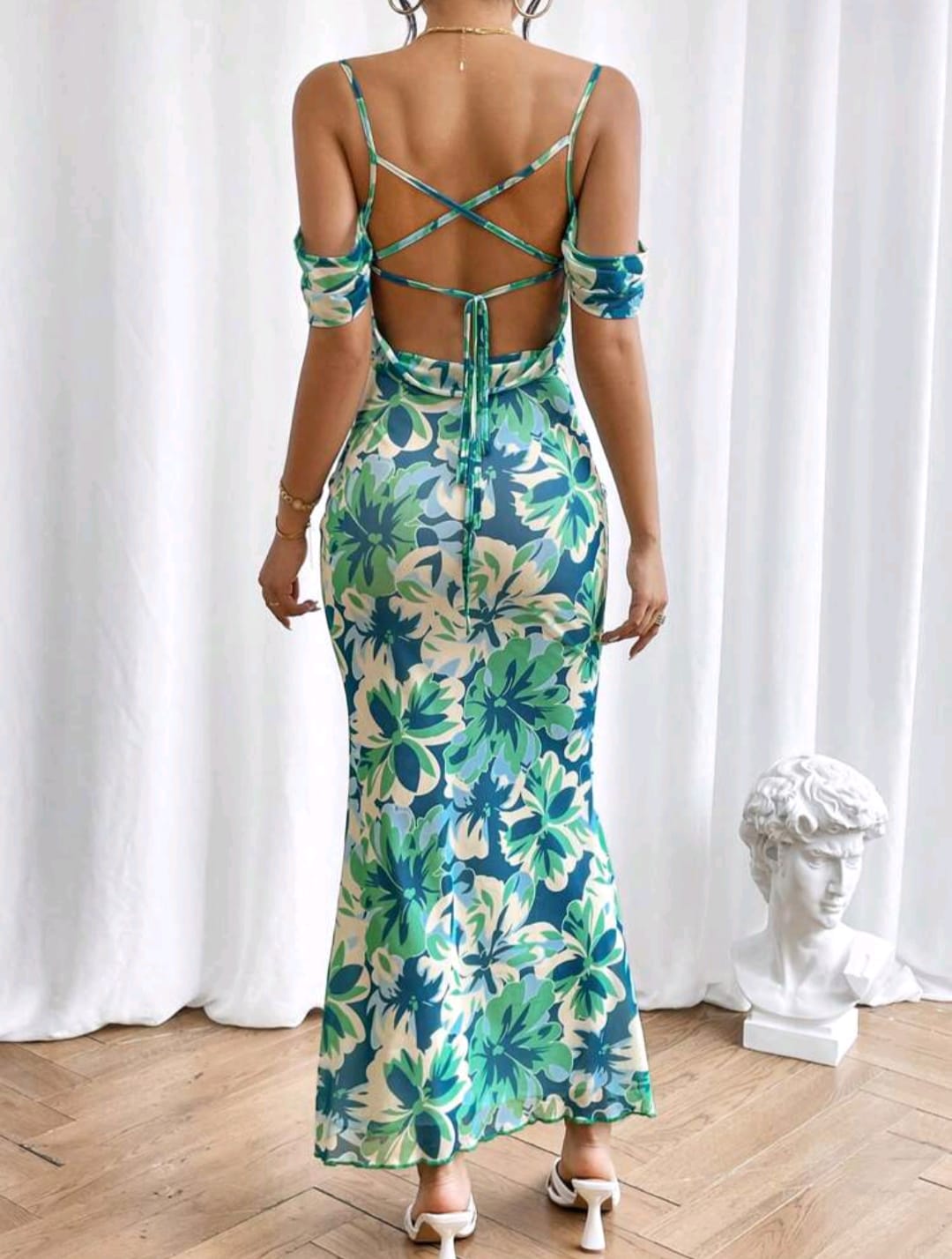 Tropical Print Cold Shoulder Mermaid Hem Dress
