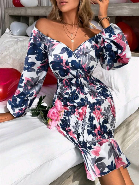 Floral Print Off Shoulder Mermaid Dress