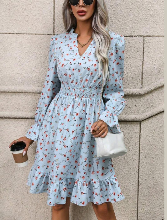 Floral Print Flounce Sleeve Dress