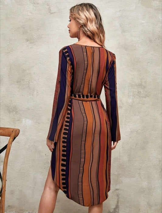 Striped Print Roll Tab Sleeve Dress