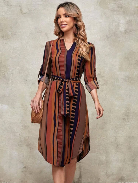 Striped Print Roll Tab Sleeve Dress