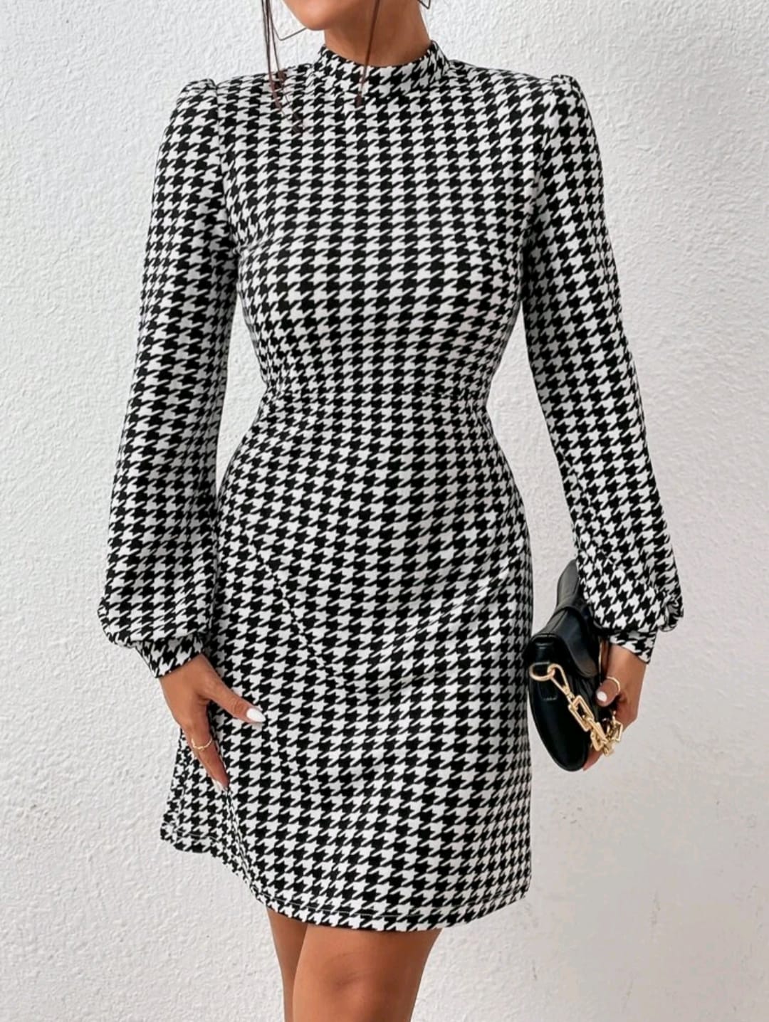 Houndstooth Print Sleeve Dress
