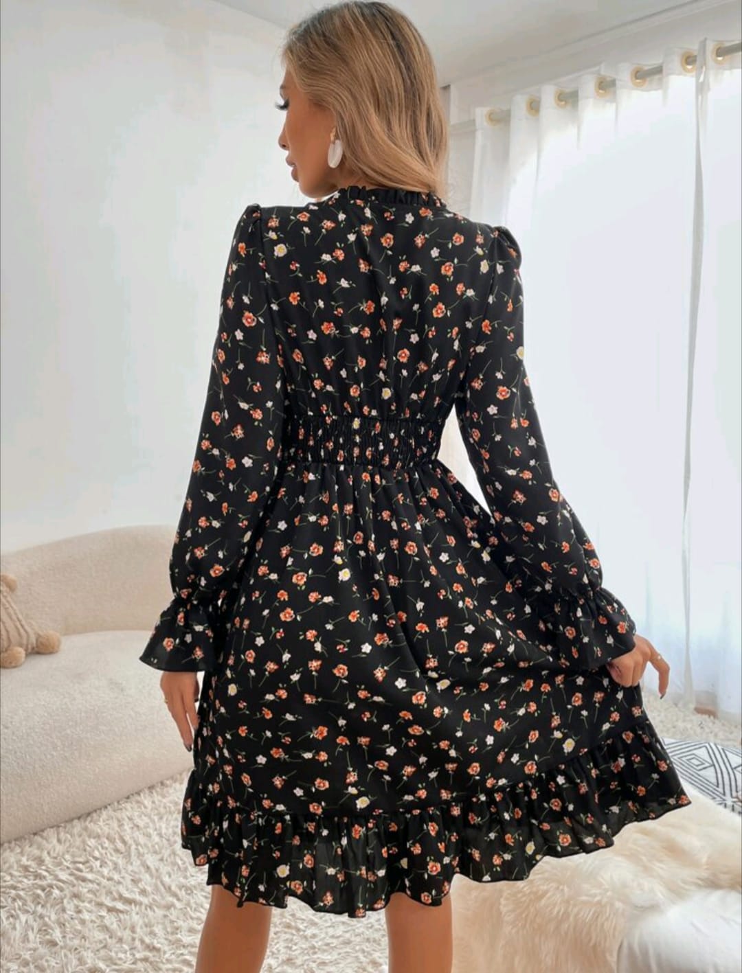 Floral Print Shirred Waist Dress