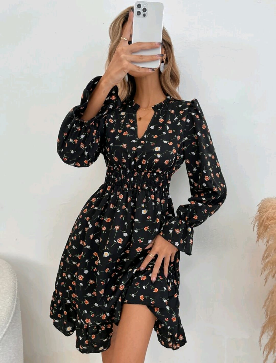 Floral Print Shirred Waist Dress