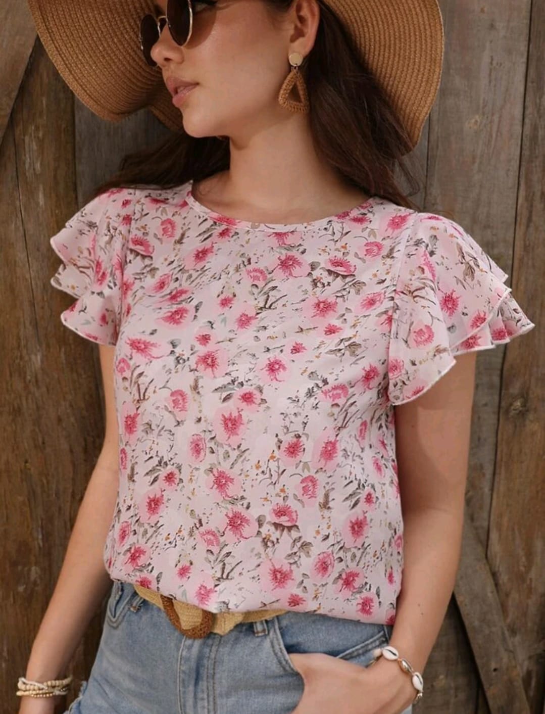 Floral Print Butterfly Sleeve Blouse