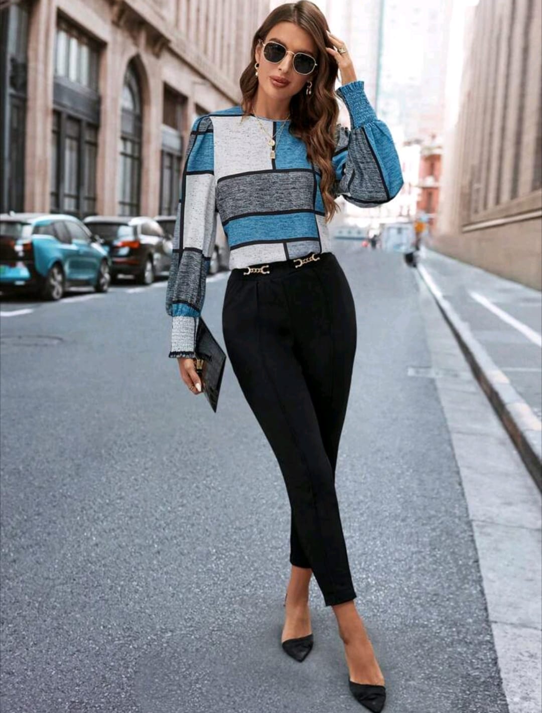 Color Block Lantern Sleeve Blouse