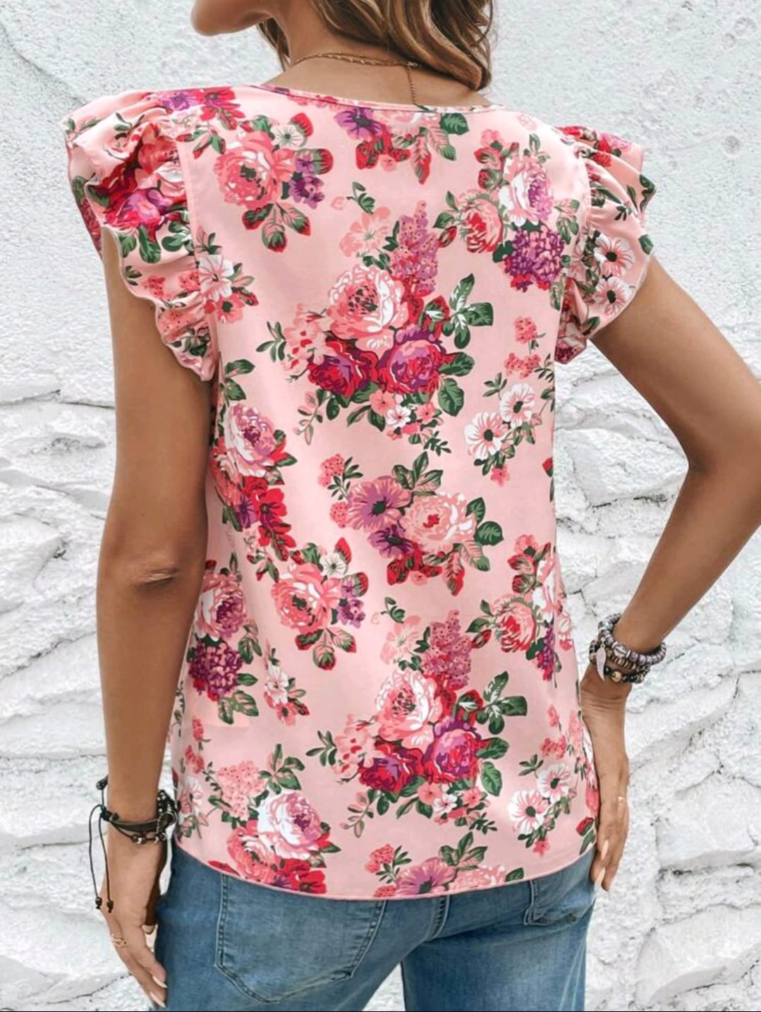 Floral Print Ruffle Trim Blouse