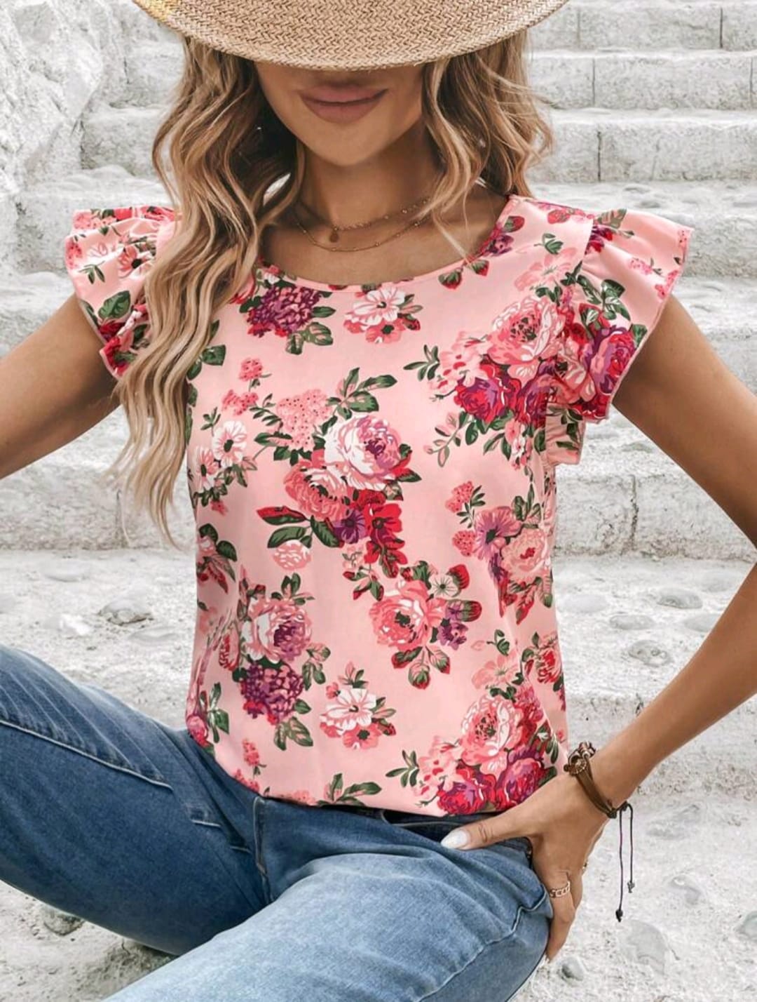 Floral Print Ruffle Trim Blouse