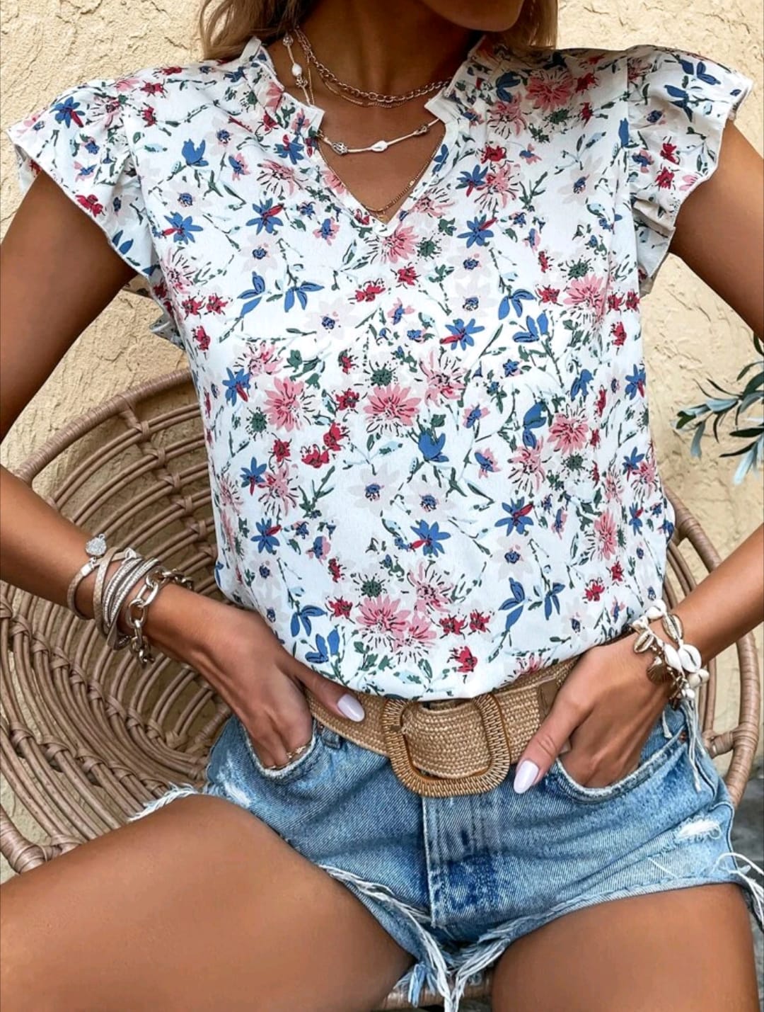 Floral Print Frill Notched Neck Blouse