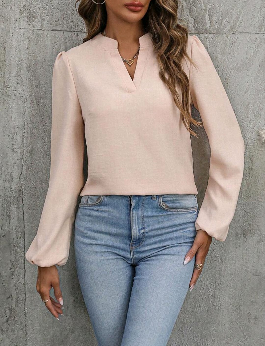 Notched Neckline Lantern Sleeve Blouse