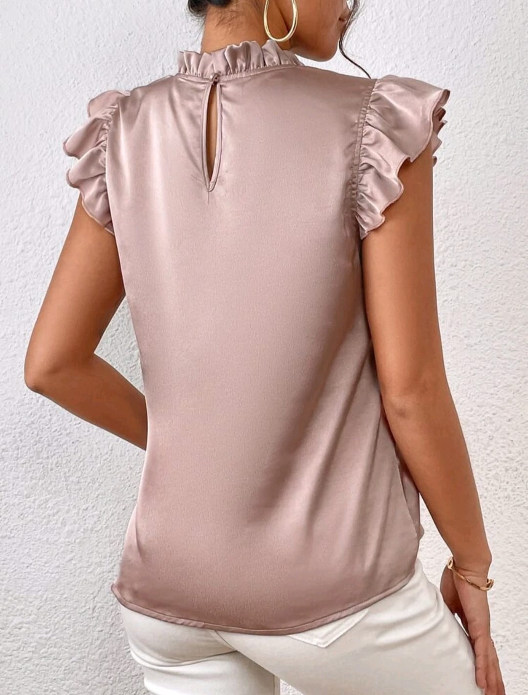 Mock Neck Ruffle Trim Blouse