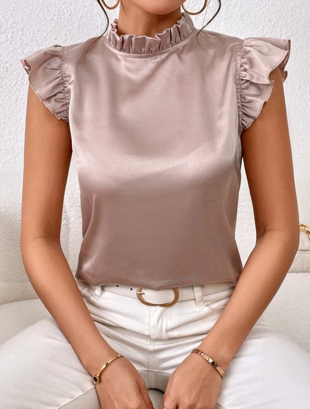 Mock Neck Ruffle Trim Blouse