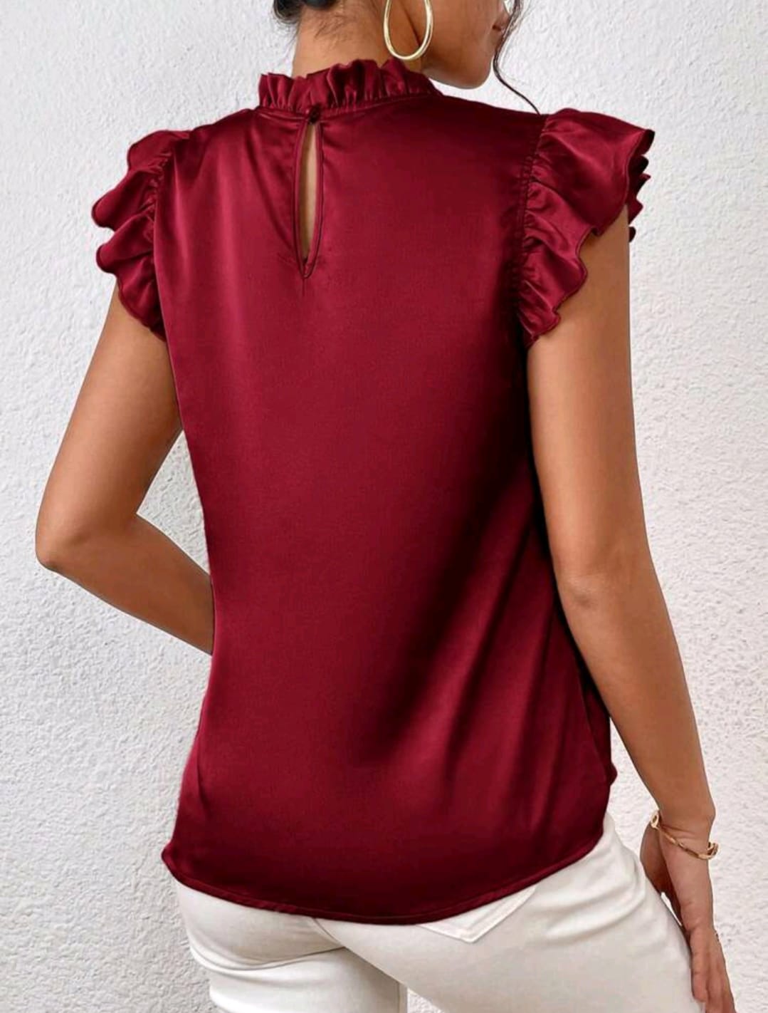 Frill Neck Ruffle Trim Satin Blouse