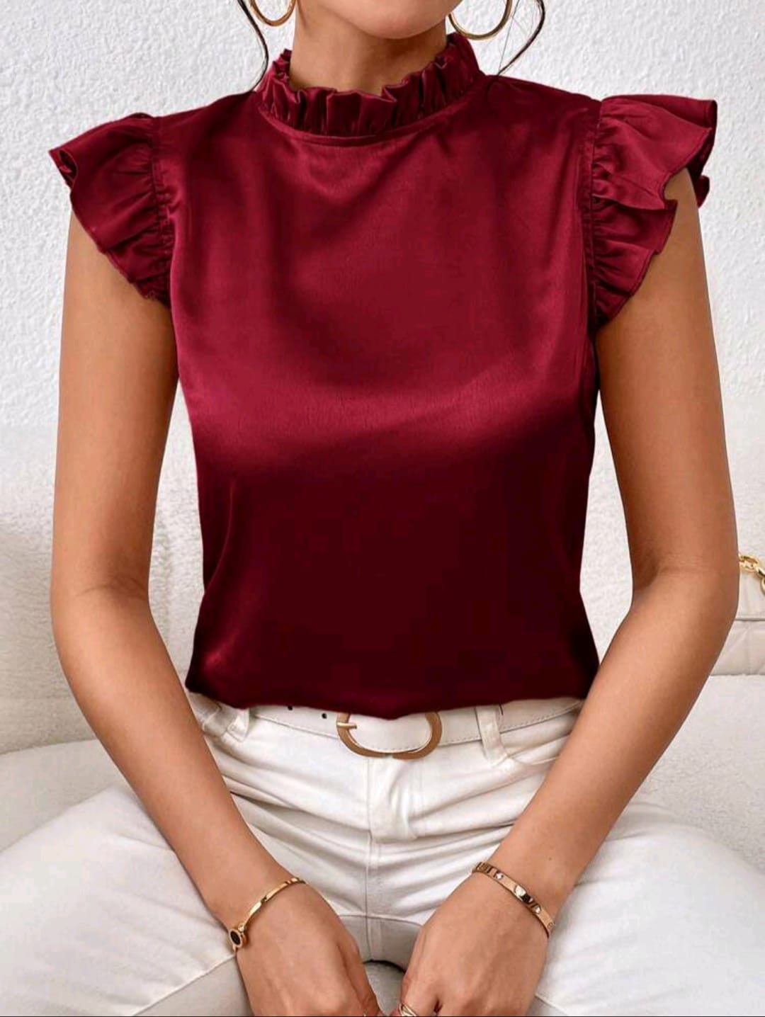 Frill Neck Ruffle Trim Satin Blouse