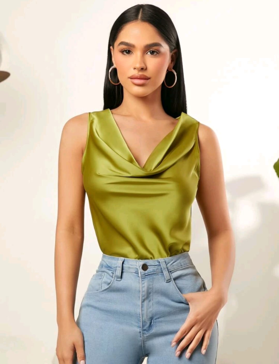 Draped Collar Satin Tank Top
