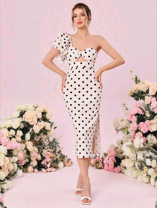 Polka Dot One Shoulder Cut Out Dress