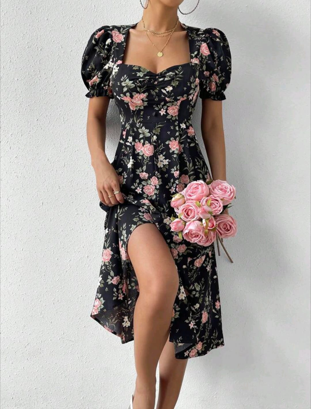 Floral Print Puff Sleeve Dress