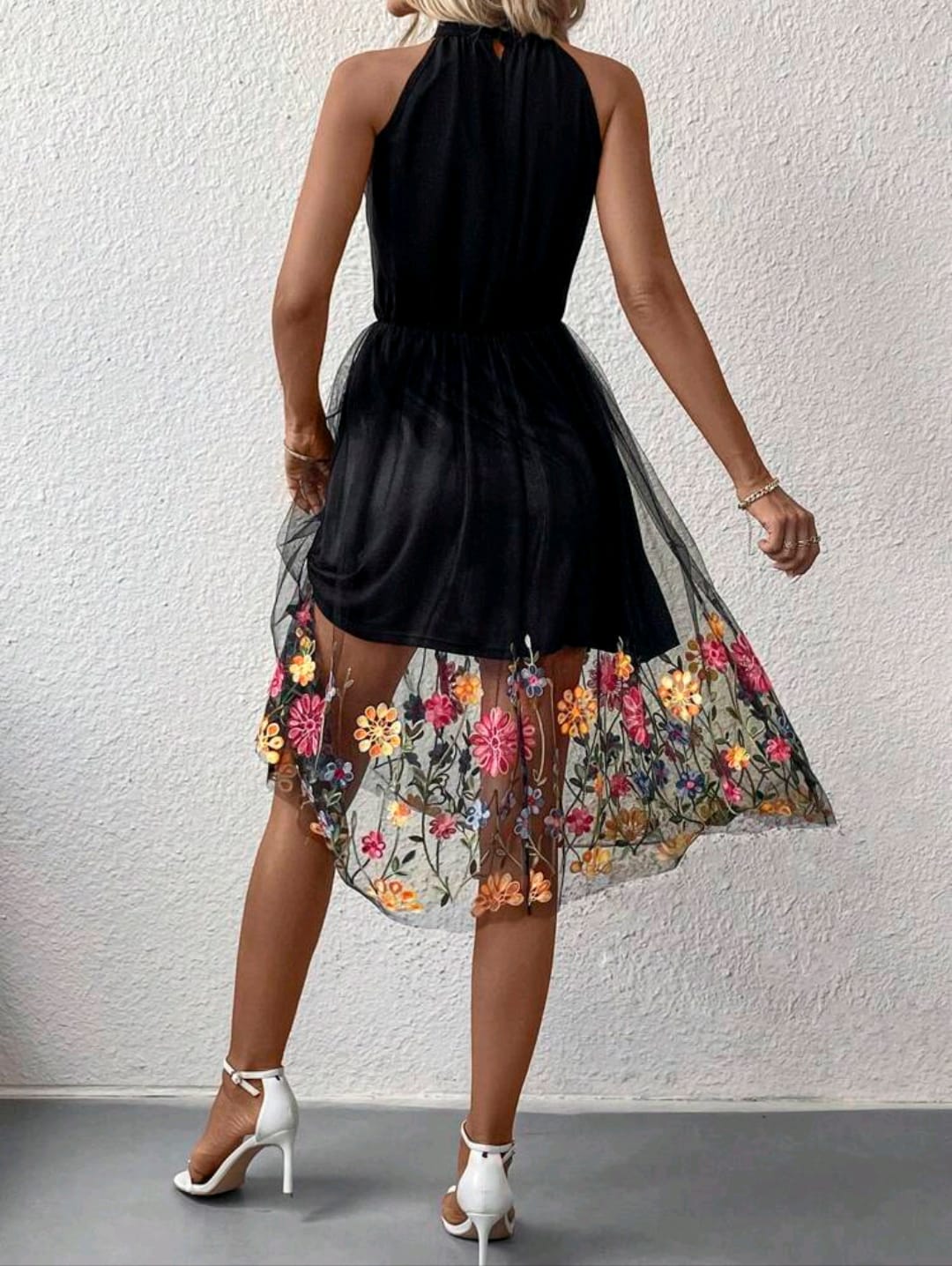 Floral Embroidery Mesh Overlay Dress