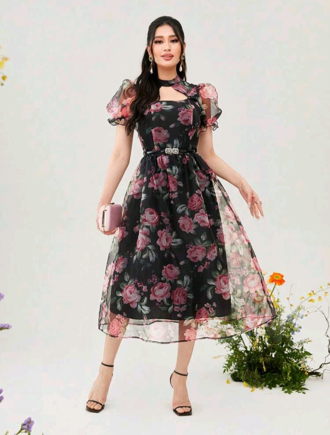Floral Print Puff Sleeve Overlay Dress Without Belt
