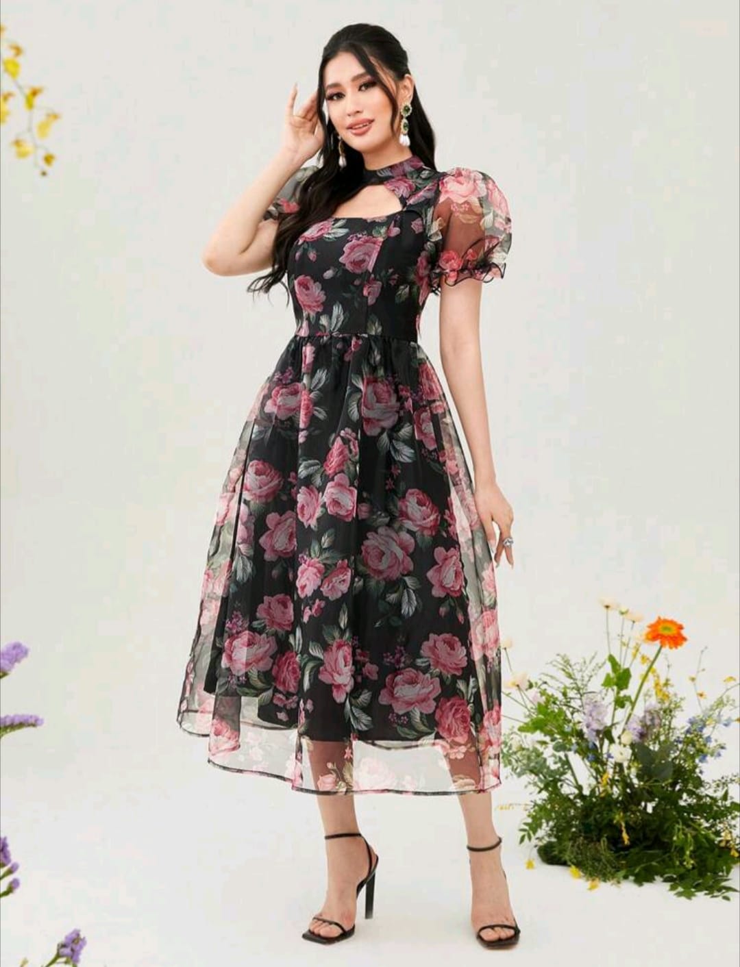 Floral Print Puff Sleeve Overlay Dress Without Belt