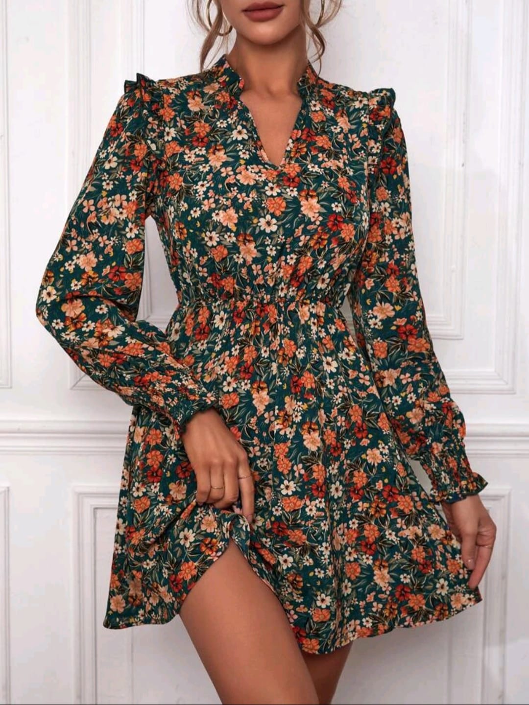 Floral Print Ruffle Trim Dress